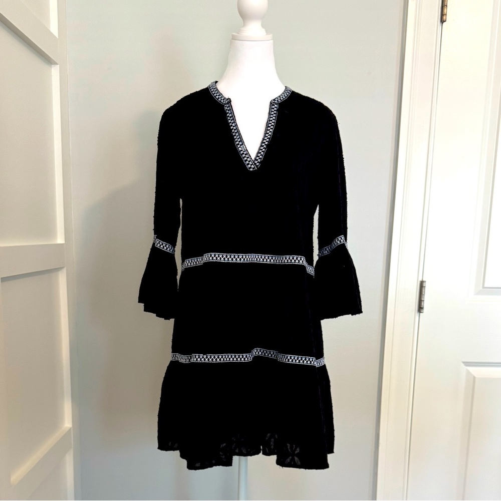 TOMMY BAHAMA Black Jacquard Cotton Clip Embroidered Tiered Dress Coverup XS